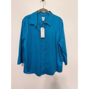 Chico's Button Up Shirt Turquise Blue 3/4 Length Collared Womans 3/XL NWT
